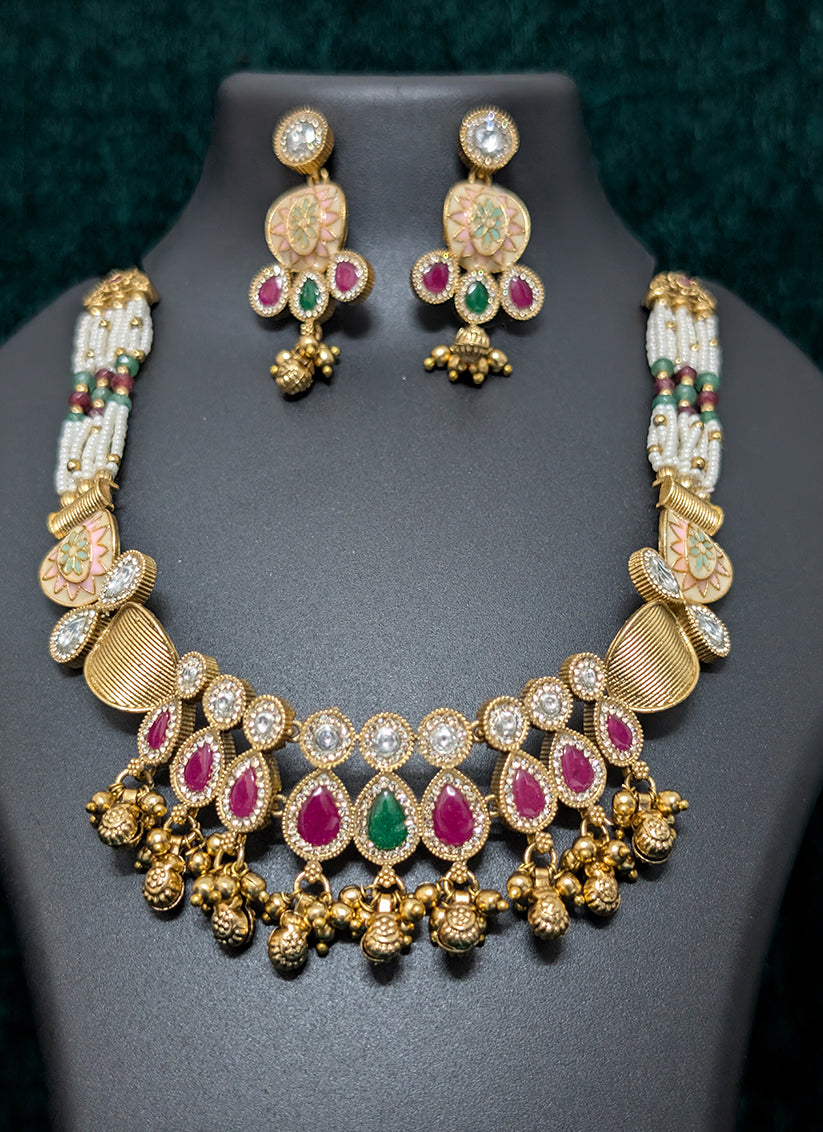 Elegant Stone & Ghughari Studded Heavy Necklace Set