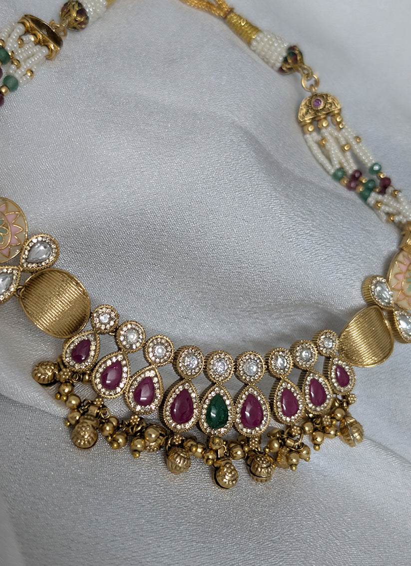 Elegant Stone & Ghughari Studded Heavy Necklace Set