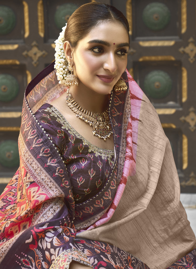 Beige Bhagalpuri Silk Designer Saree for Wedding