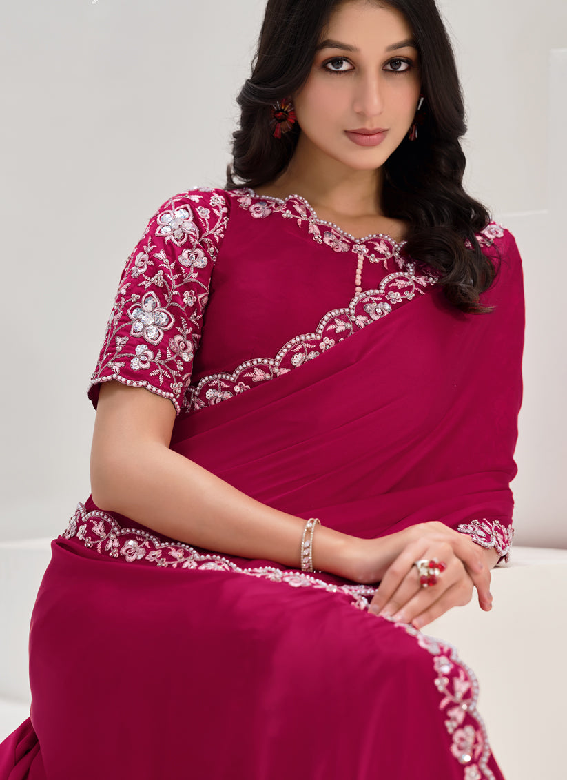 Rani Pink Embroidered Designer Saree