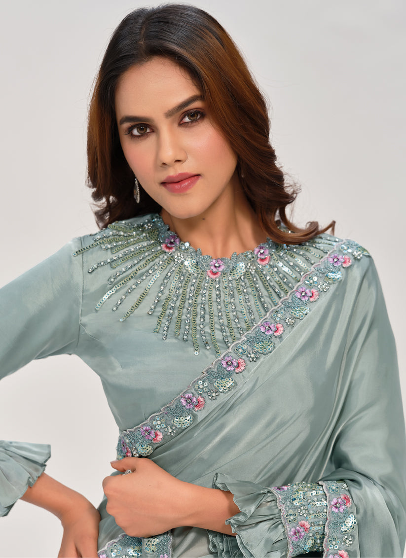 Sea Green Embroidered Designer Saree