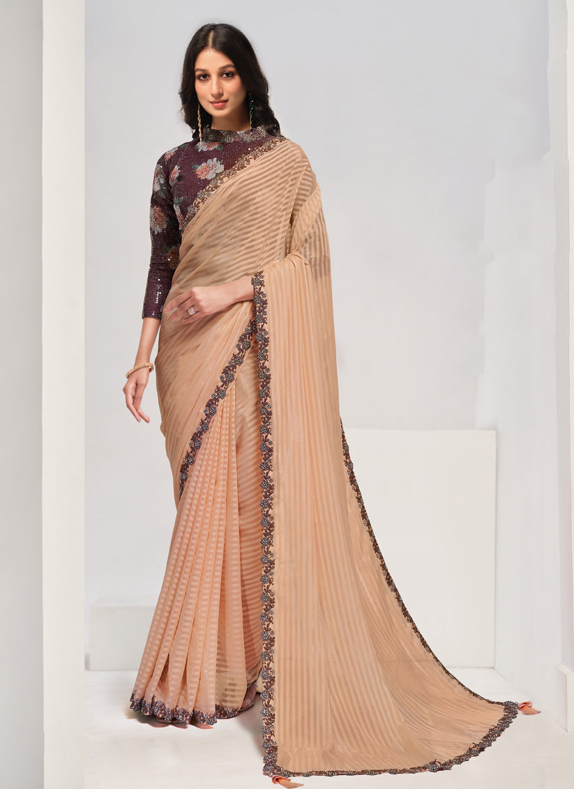 Peach Embroidered Designer Saree