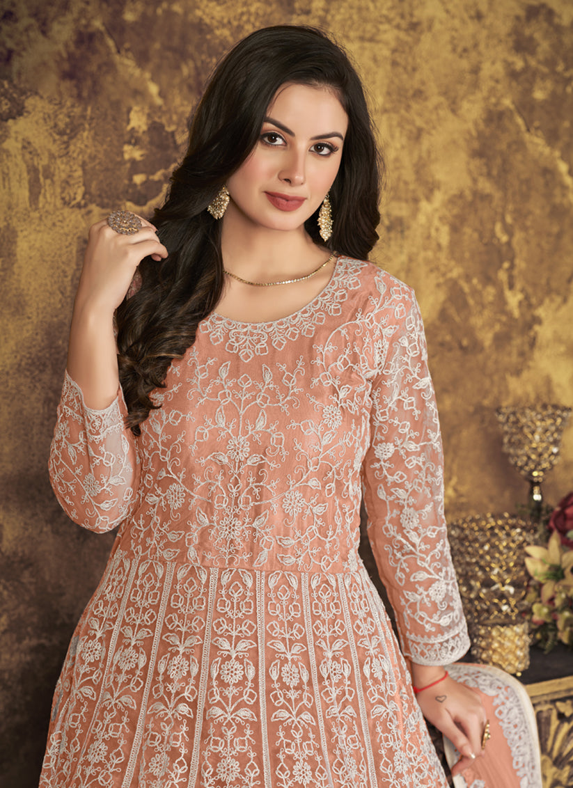 Salmon Orange Net Embroidered Anarkali Suit