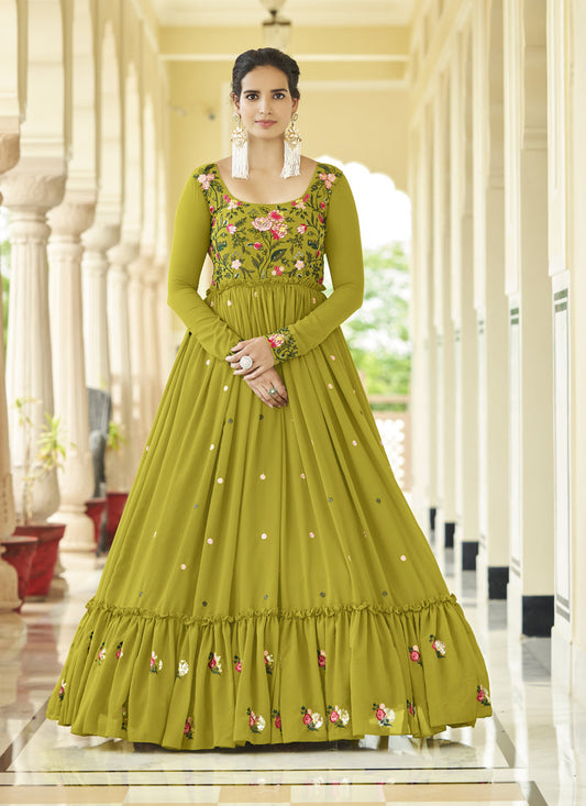 Lime Green Georgette Embroidered Readymade Gown
