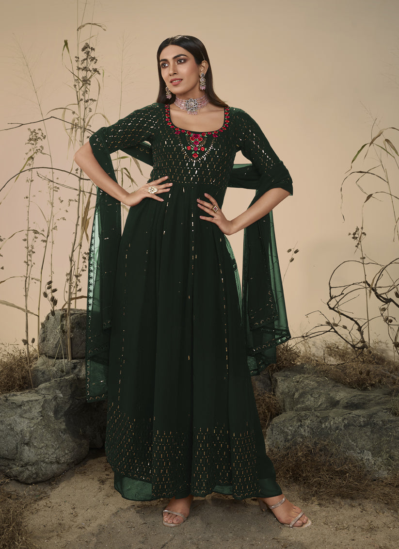 Bottle Green Georgette Embroidered Readymade Palazzo Kameez