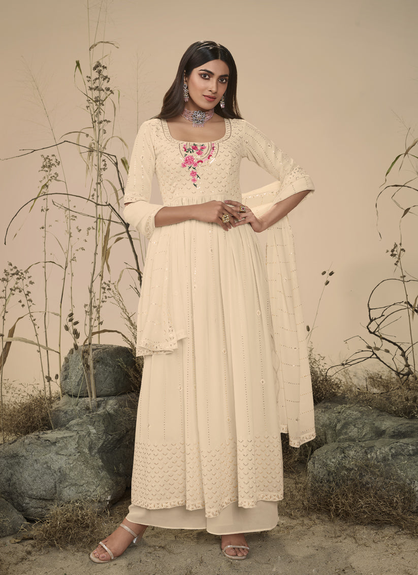Cream Georgette Embroidered Readymade Palazzo Kameez