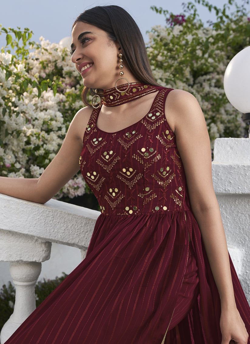 Maroon Georgette Embroidered Readymade Palazzo Kameez