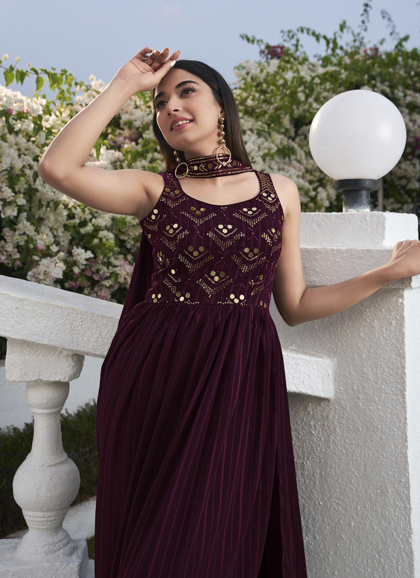 Violet Georgette Embroidered Readymade Palazzo Kameez