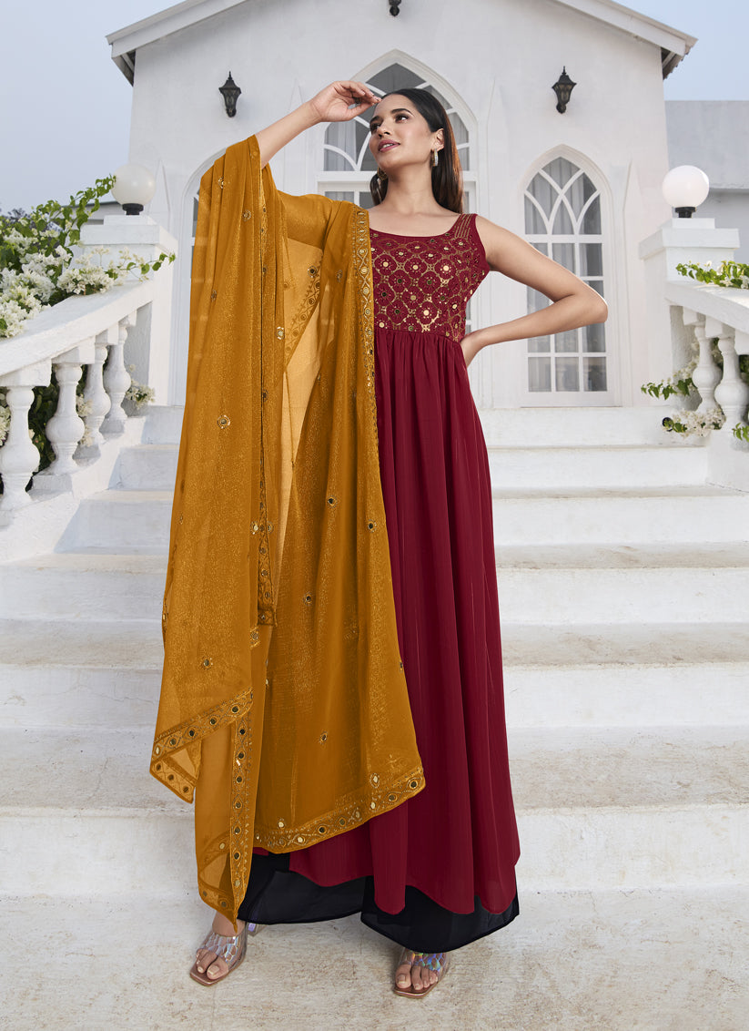 Red Georgette Embroidered Readymade Palazzo Kameez