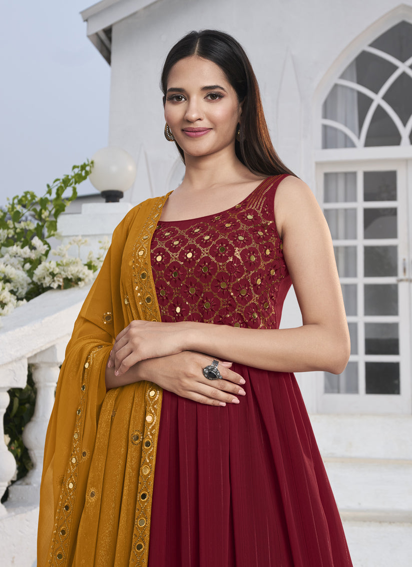 Red Georgette Embroidered Readymade Palazzo Kameez