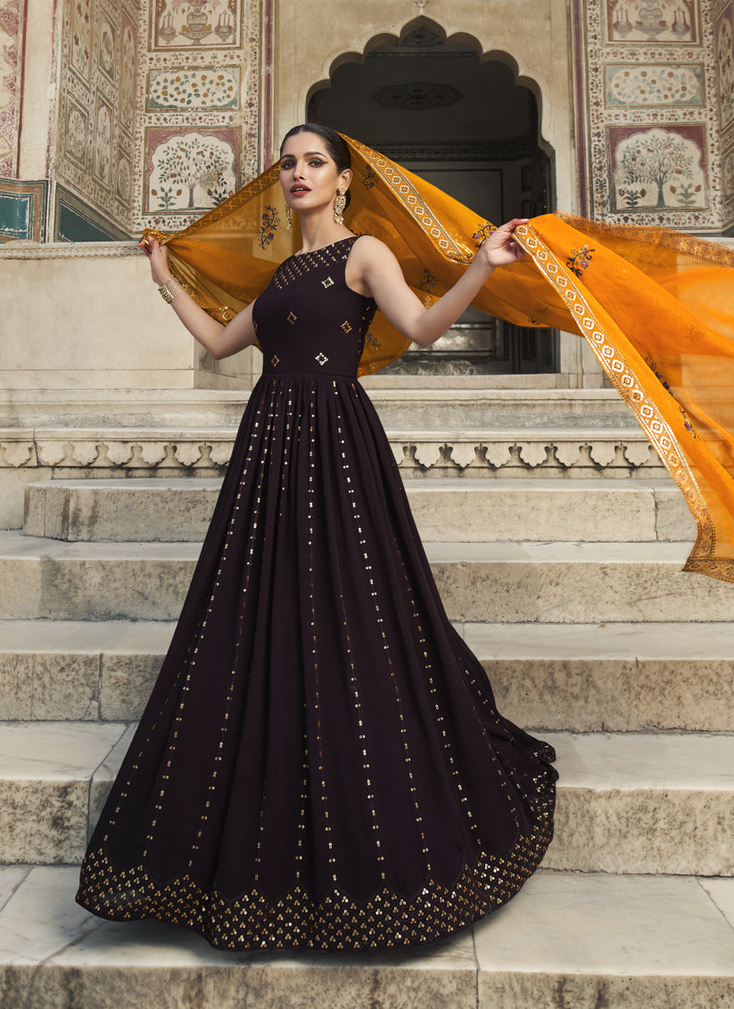 Burgundy Georgette Embroidered Anarkali Gown with Dupatta