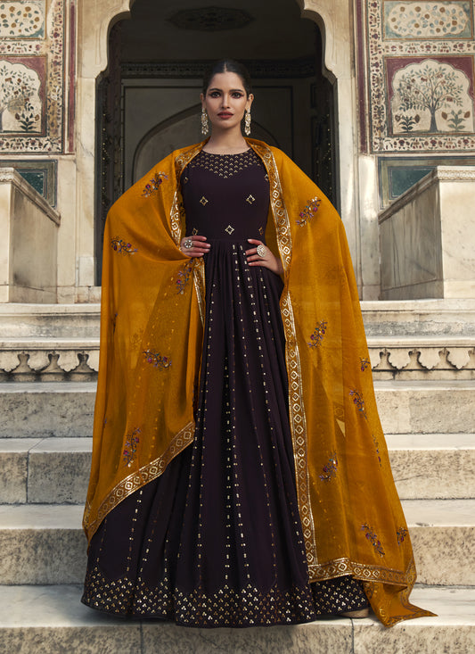 Burgundy Georgette Embroidered Anarkali Gown with Dupatta