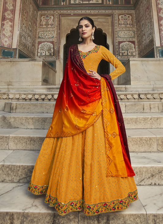 Golden Yellow Georgette Embroidered Anarkali Gown with Dupatta