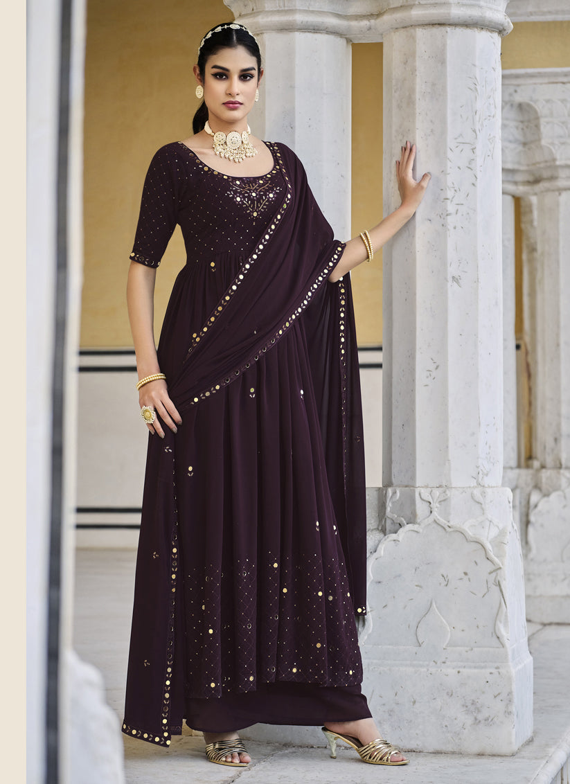 Burgundy Georgette Embroidered Readymade Palazzo Kameez