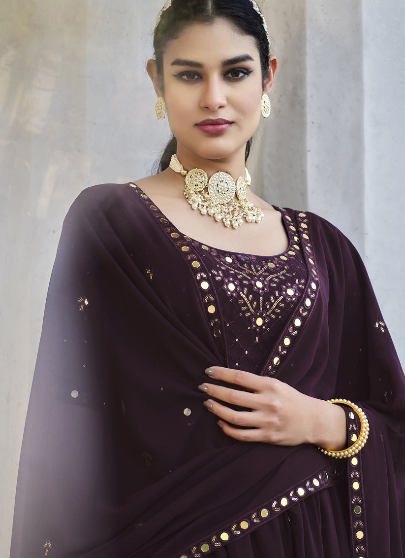 Burgundy Georgette Embroidered Readymade Palazzo Kameez