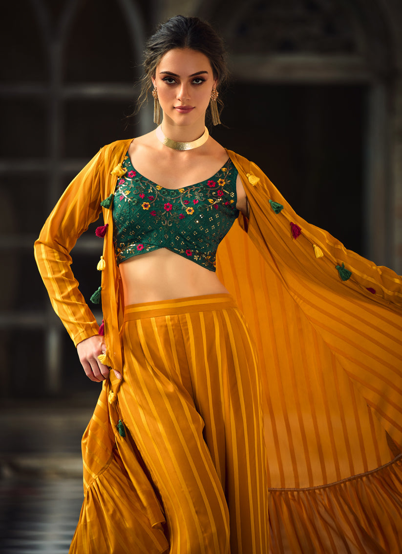 Mustard Yellow Chinnon Designer Indowestern