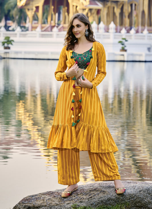 Mustard Yellow Chinnon Designer Indowestern