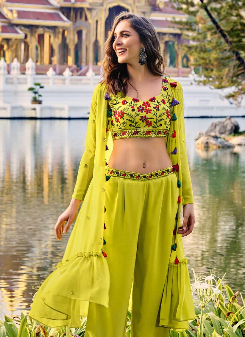 Lime Yellow Georgette Designer Indowestern