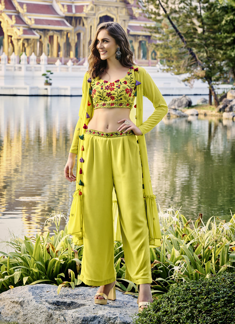 Lime Yellow Georgette Designer Indowestern