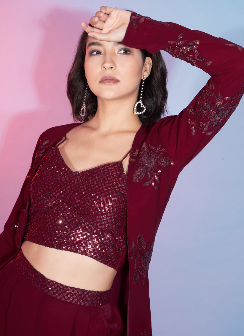 Red Georgette Sequence With Thread Crepe Co-Ord Set