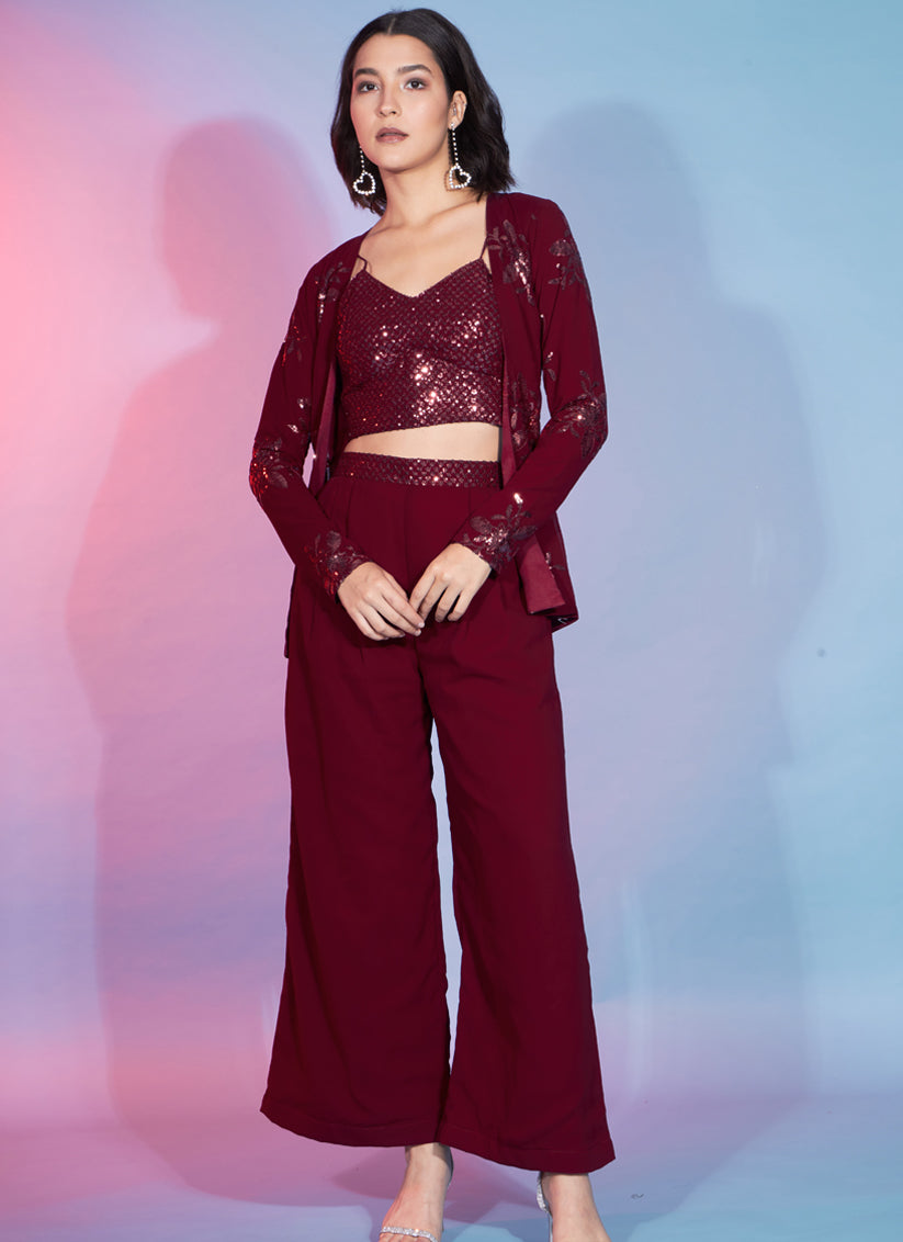 Red Georgette Sequence With Thread Crepe Co-Ord Set