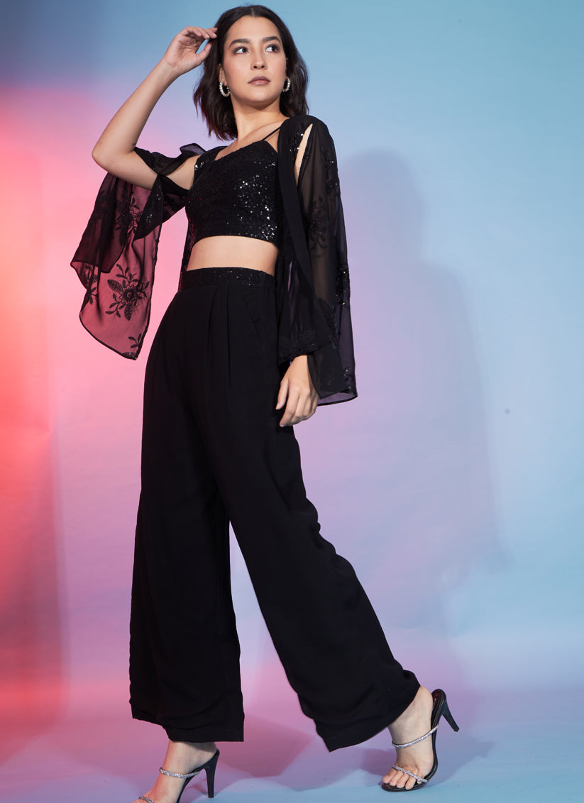 Black Georgette Sequence With Thread Crepe Co-Ord Set