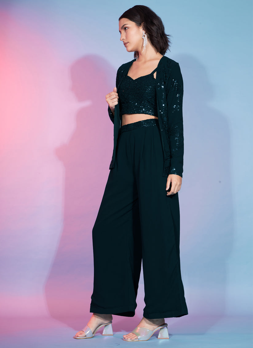 Green Georgette Sequence With Thread Crepe Co-Ord Set