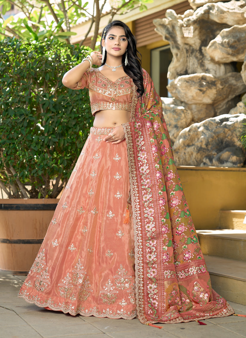 Orange Heavy Embroidered Wedding Lehenga Choli Set