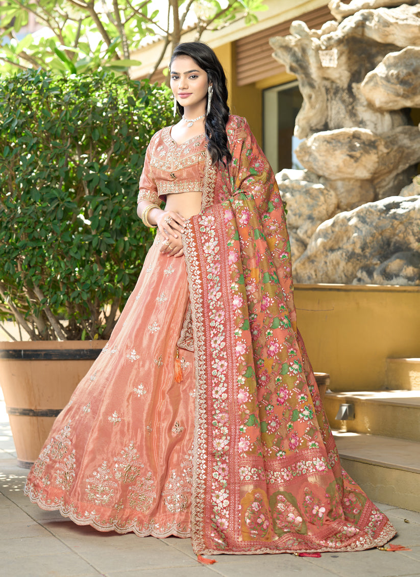 Orange Heavy Embroidered Wedding Lehenga Choli Set
