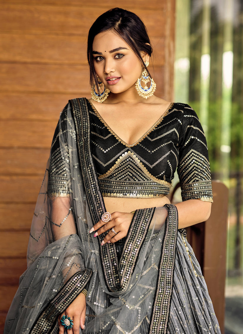 Black and Smoke Grey Chinnon Sequins Embroidered Lehenga Choli