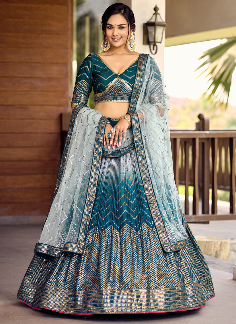 Peacock Blue and Silver Chinnon Sequins Embroidered Lehenga Choli