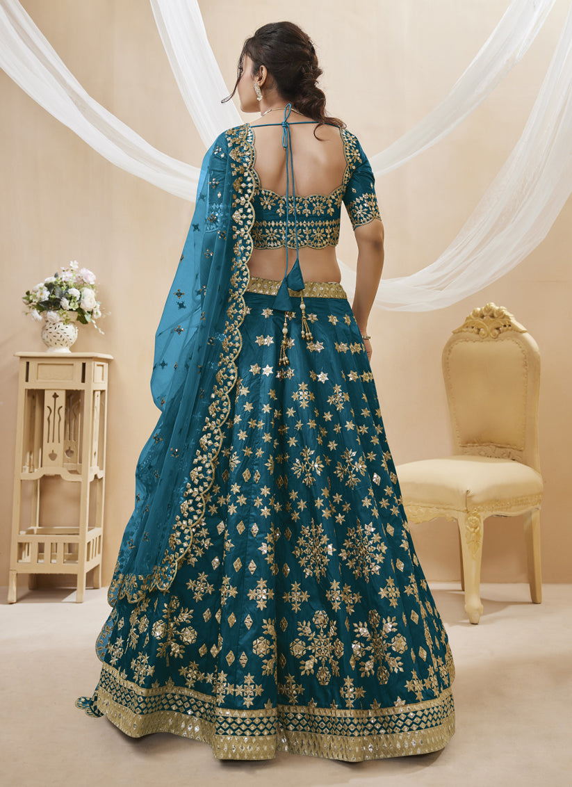 Prussian Blue Art Silk Embroidered Lehenga Choli