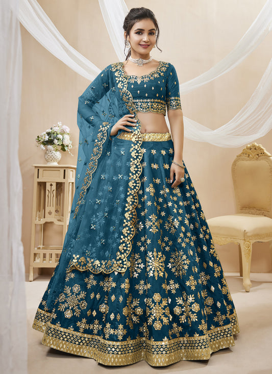Prussian Blue Art Silk Embroidered Lehenga Choli