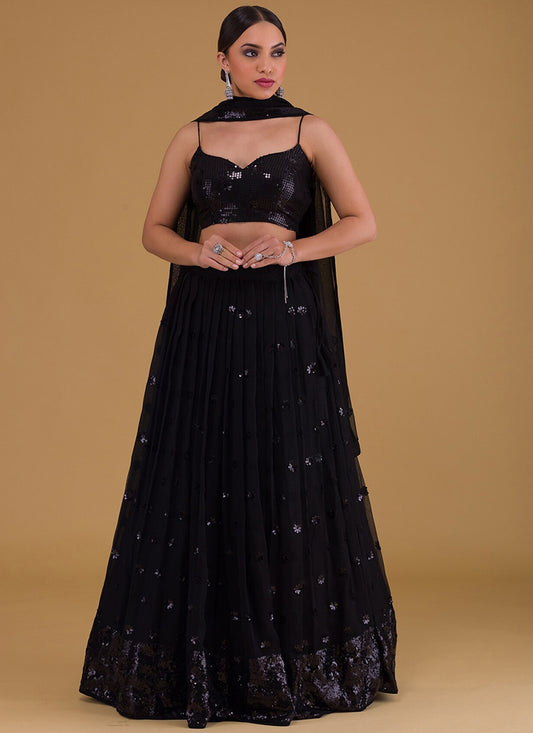 Black Embroidered Georgette Lehenga Choli Set