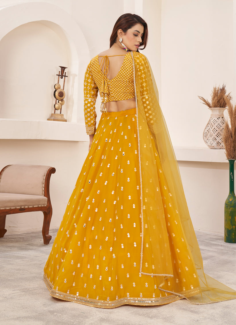 Mustard Yellow Georgette Embroidered Lehenga Choli