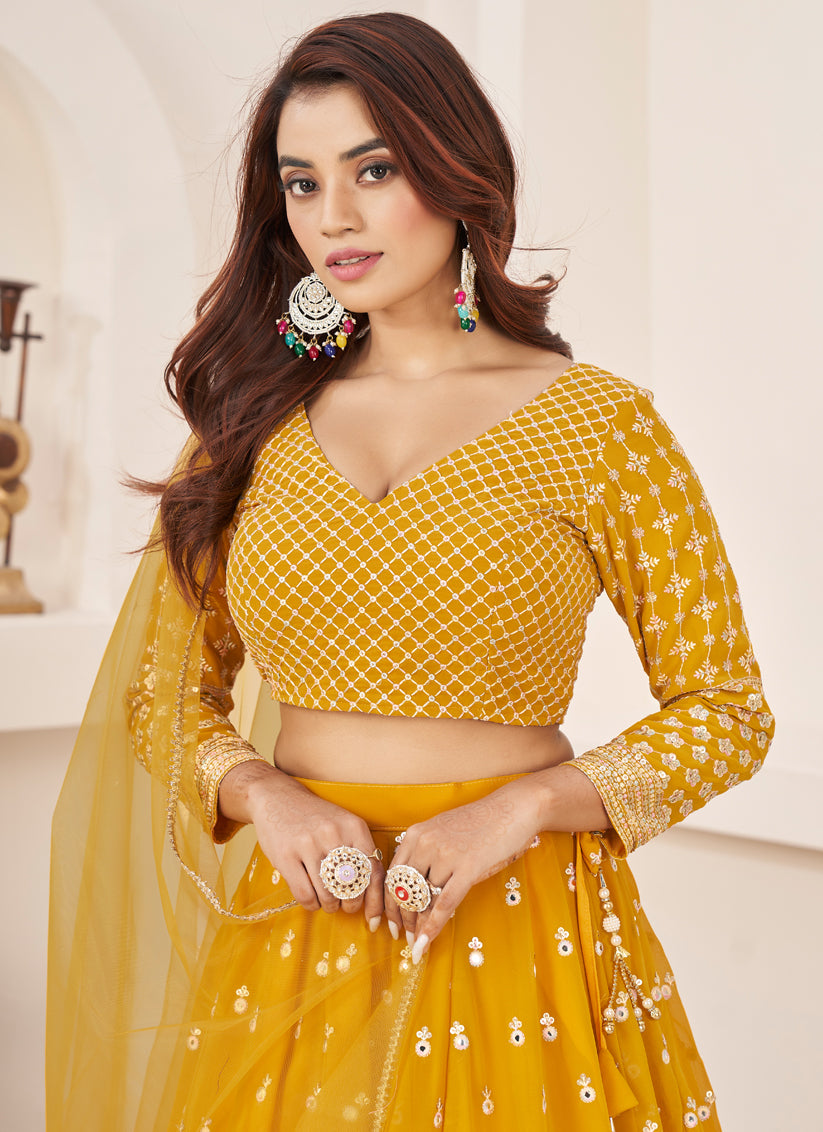 Mustard Yellow Georgette Embroidered Lehenga Choli