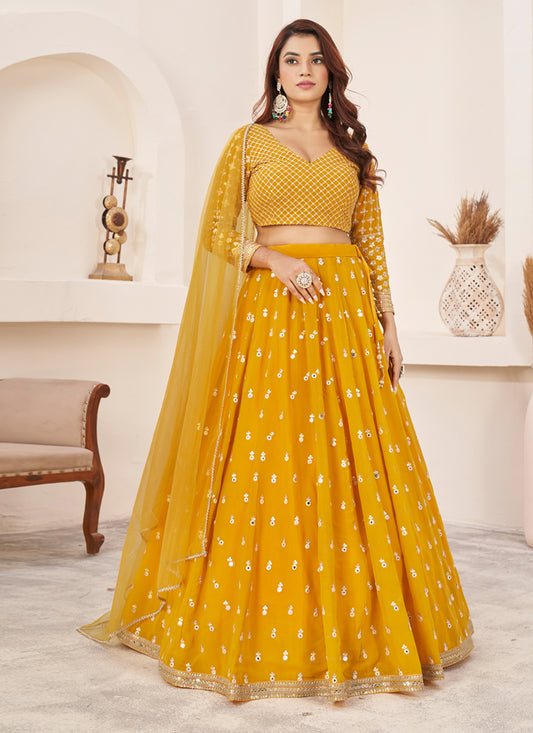 Mustard Yellow Georgette Embroidered Lehenga Choli