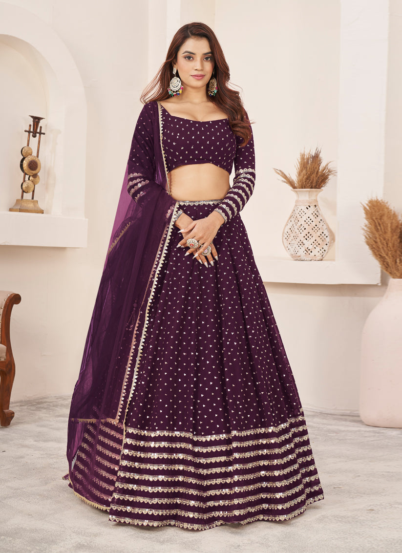 Burgundy Georgette Embroidered Lehenga Choli