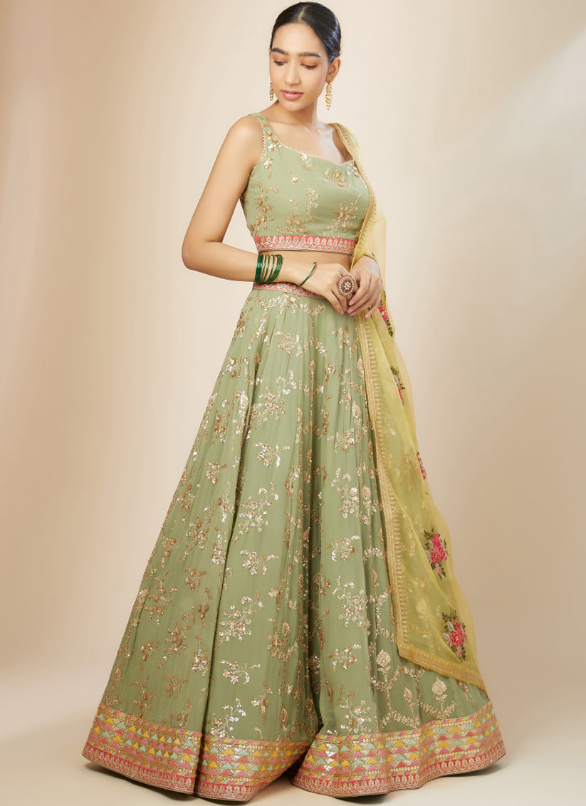 Pista Green Heavy Designer Georgette Lehenga Choli