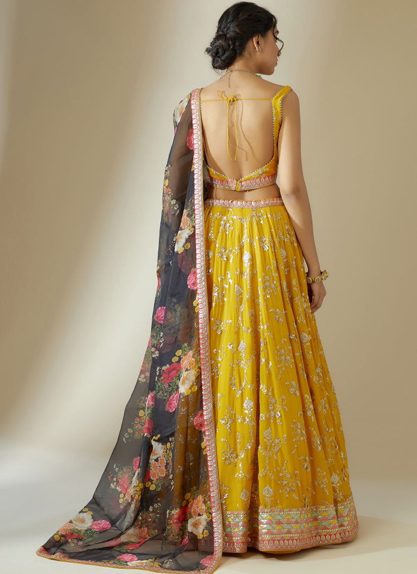 Golden Yellow Heavy Designer Georgette Lehenga Choli