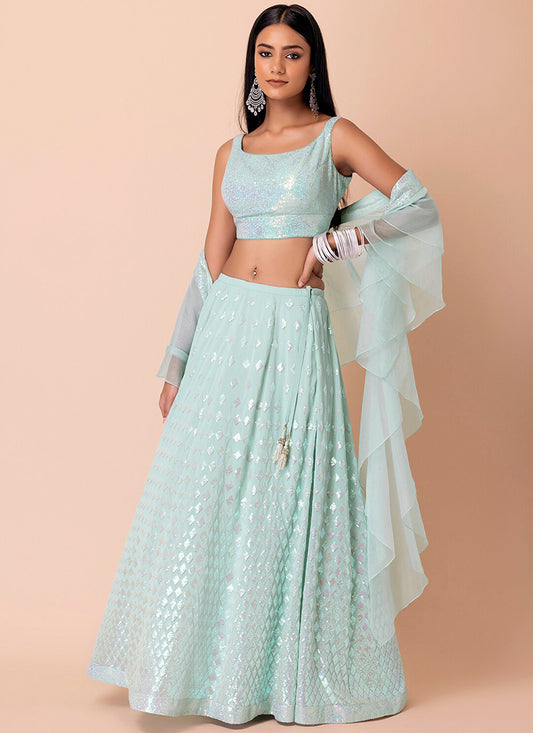 Mint Blue Embroidered  Georgette Lehenga Choli Set