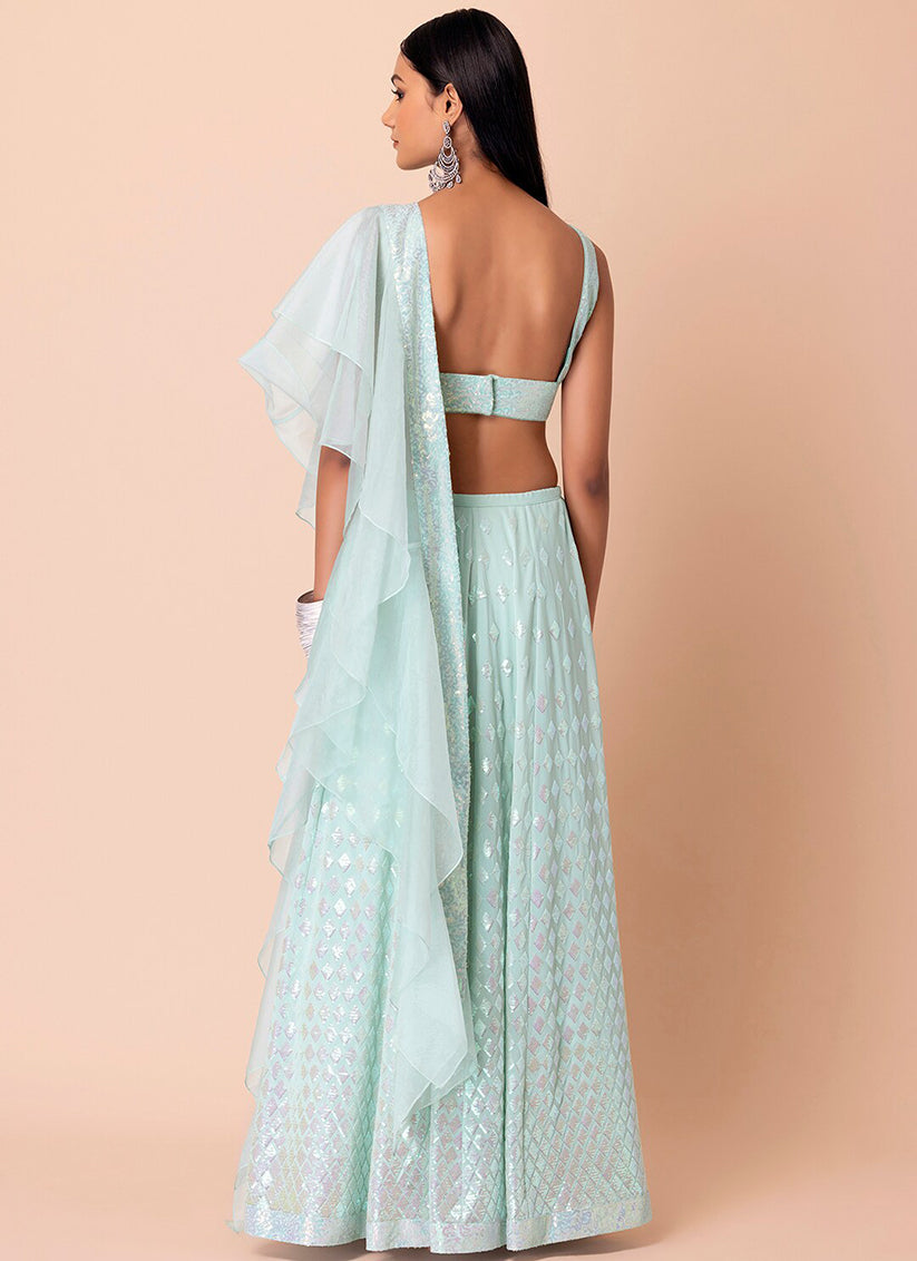 Mint Blue Embroidered  Georgette Lehenga Choli Set