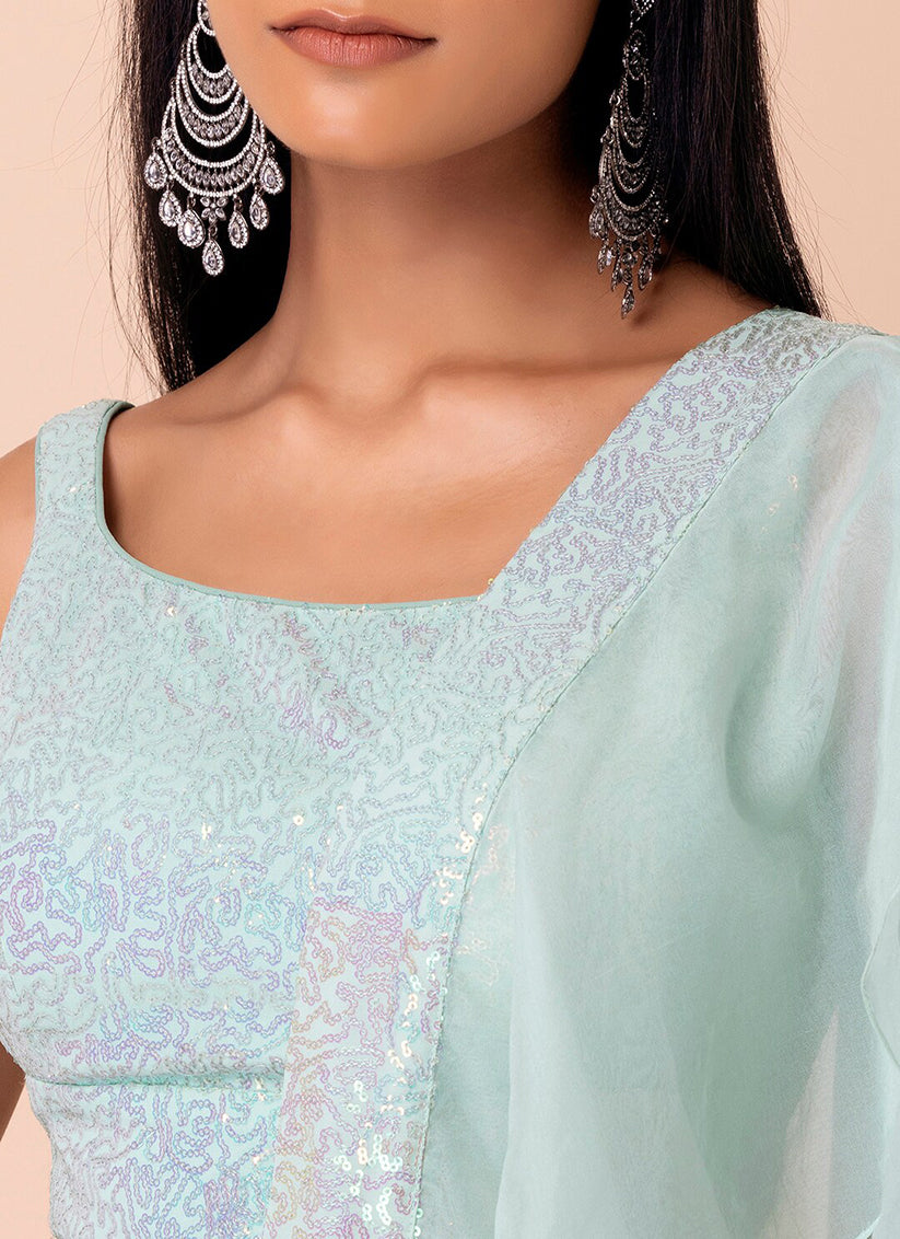 Mint Blue Embroidered  Georgette Lehenga Choli Set