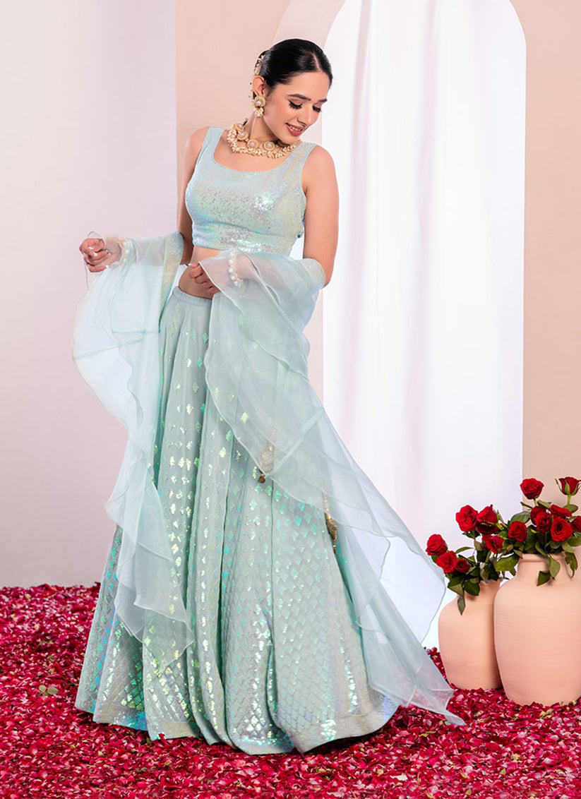 Mint Blue Embroidered  Georgette Lehenga Choli Set