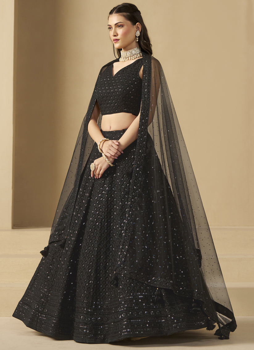 Black Sequins Georgette Embroidered Lehenga Choli
