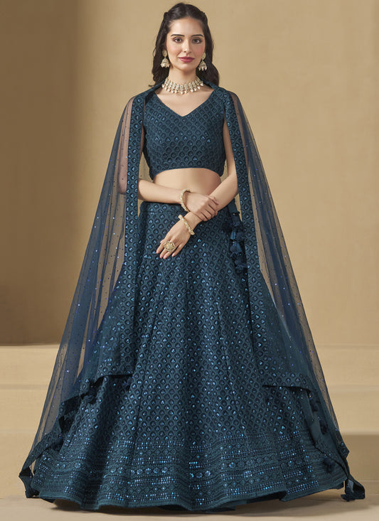 Peacock Blue Sequins Georgette  Embroidered Lehenga Choli