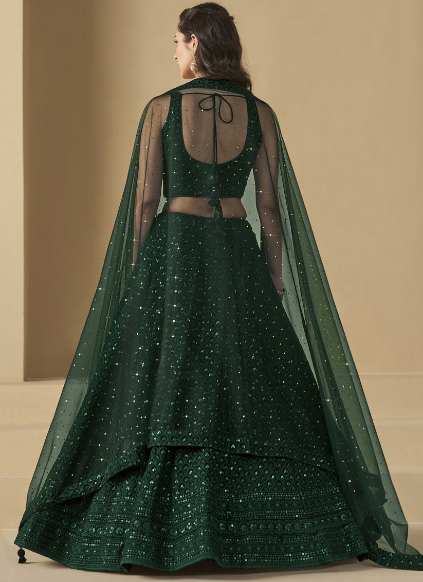 Bottle Green Sequins Georgette Embroidered Lehenga Choli