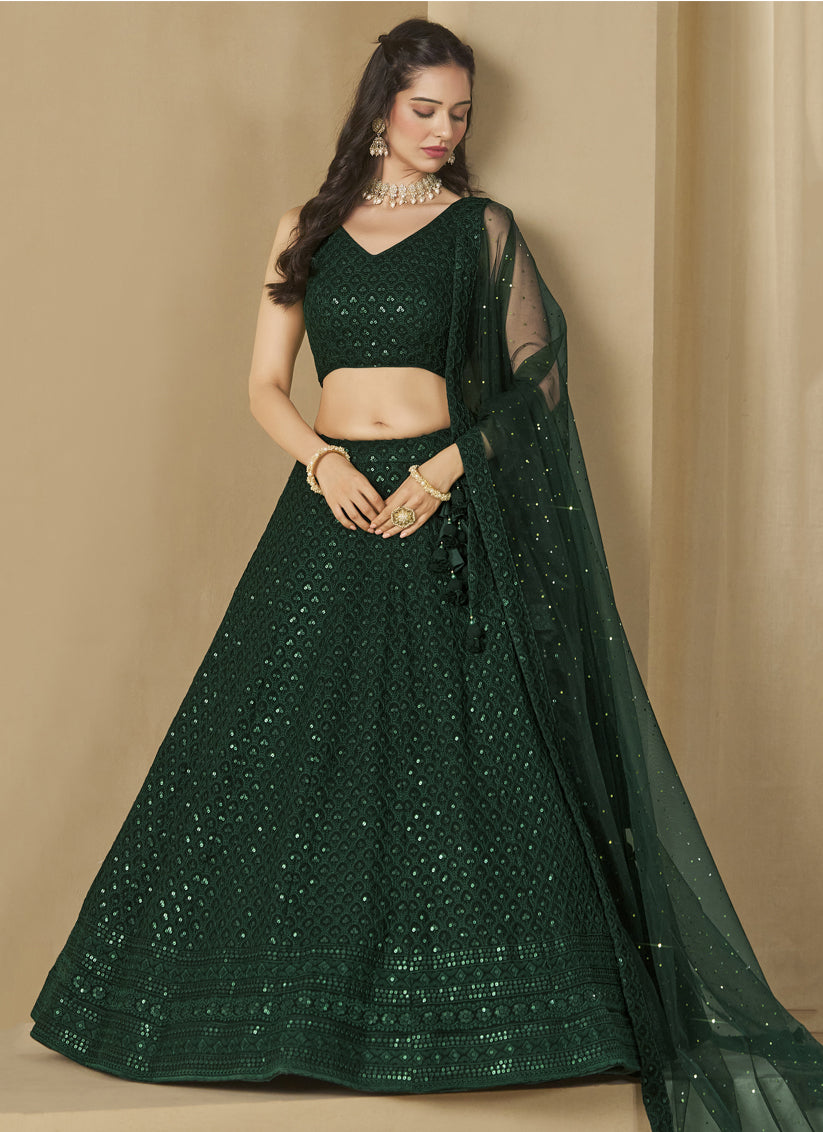 Bottle Green Sequins Georgette Embroidered Lehenga Choli