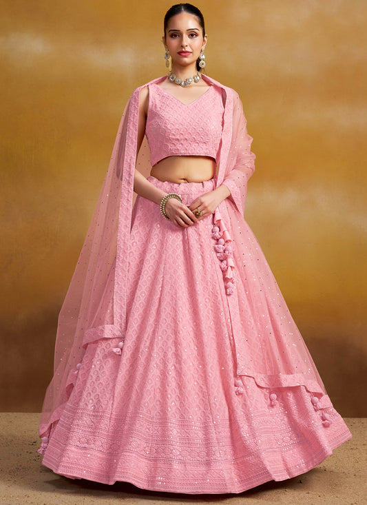 Carnation Pink Georgette Embroidered Lehenga Choli for Wedding