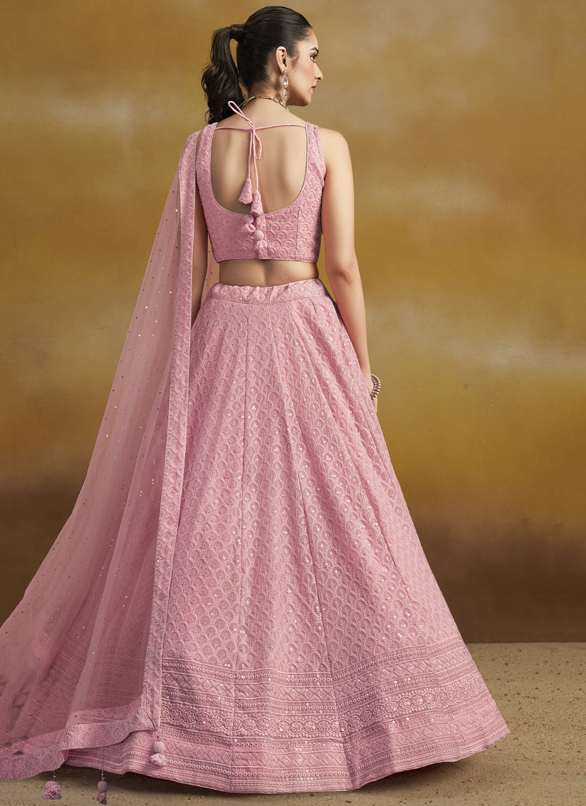 Carnation Pink Georgette Embroidered Lehenga Choli for Wedding